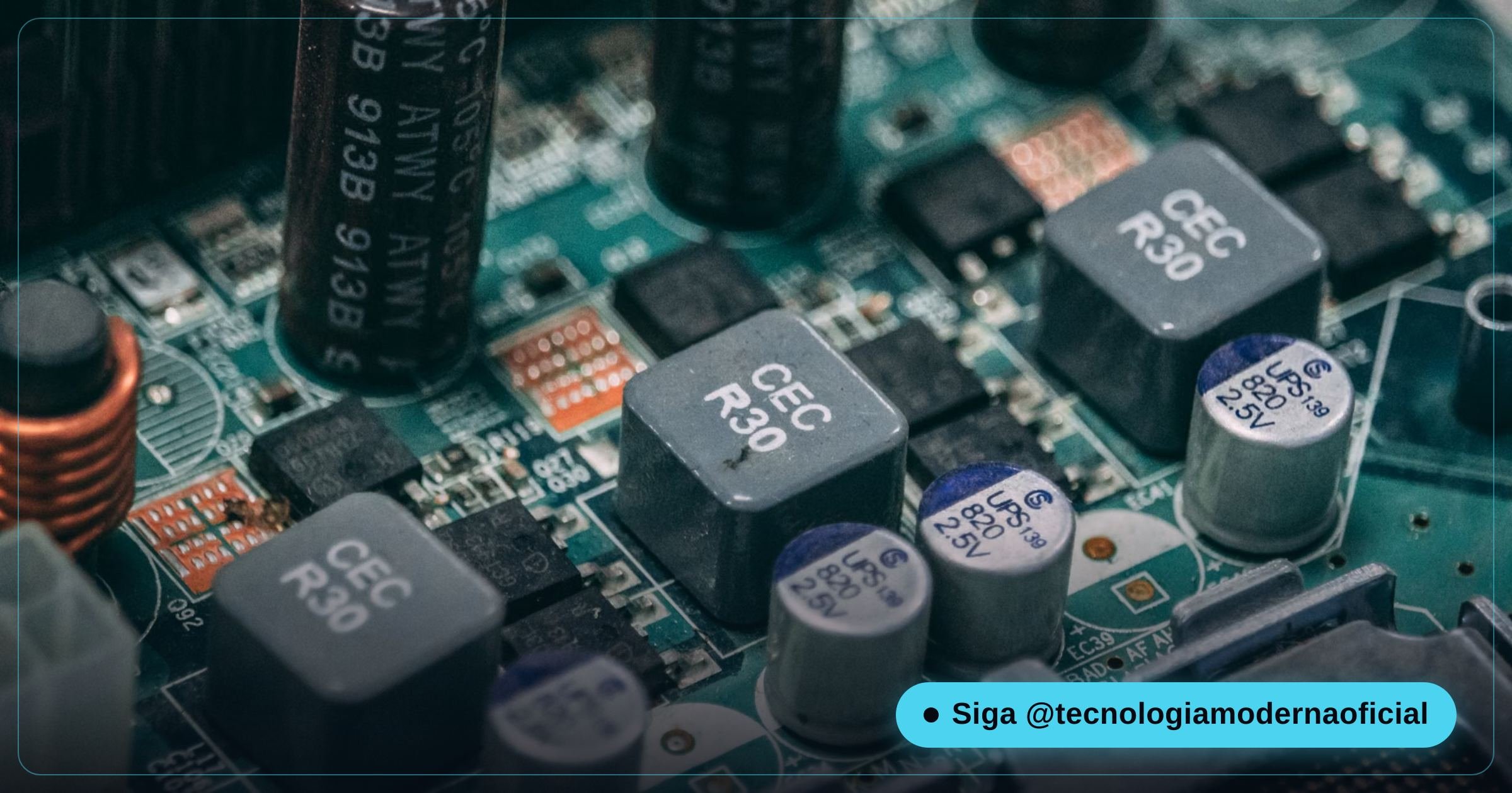 Capacitor eletrolítico estufado em uma placa de circuito, sinal visual de defeito