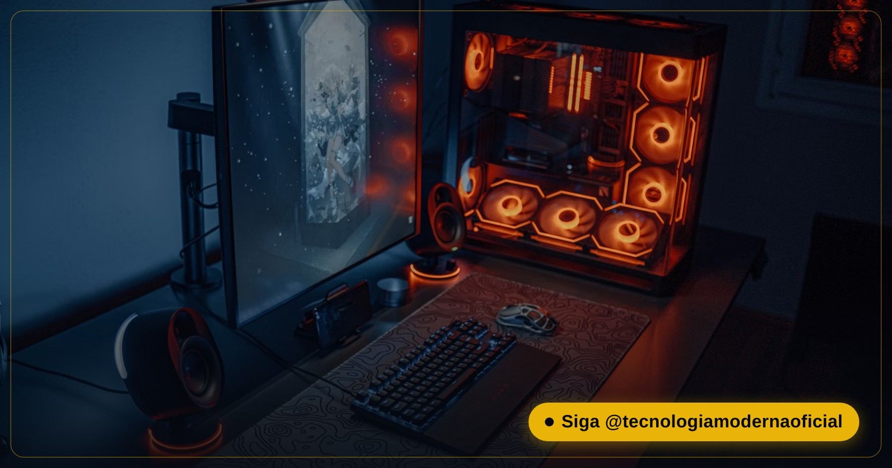 Computador gamer ligado em uma mesa